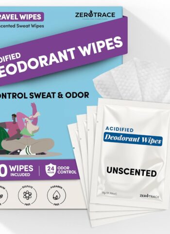 Zero Trace Travel Deodorant Wipes - 60 Count- 24 Hour Odor Control - Aluminum Free Hypoallergenic Deodorant For Women and Men - Individually Wrapped Underarm & Body Wipes - Uscented Bare Fresh